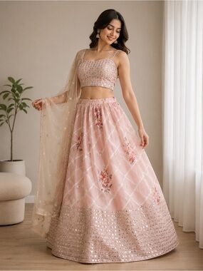 Ethnic Indian Wear Pink Embroidered Lehenga Choli with Gold Dupatta